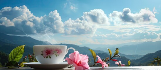 Aufkleber - Coffee cup with steam and flower on table, against sky and mountain backdrop, with copy space image.