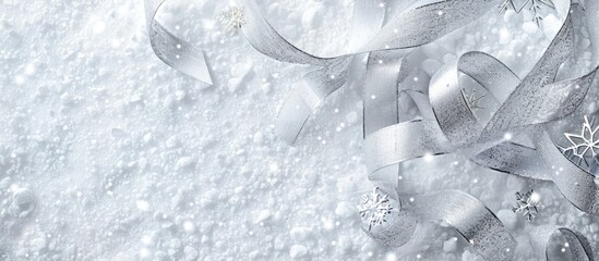 Aufkleber - Festive banner with white texture and silver ribbons on snowy background for Christmas or New Year designs with copy space image.