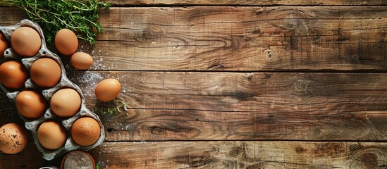 Aufkleber - Eggs and raw ingredients arranged on a wooden table for baking preparation, with a spacious image for text or design overlay. image with copy space