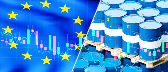 Wall Mural - EU petroleum products market. European union flag. Oil barrels. Trading on EU fuel market. Graph of falling oil prices. Reduced demand for petroleum in EU. Oil imports to European countries. 3d image