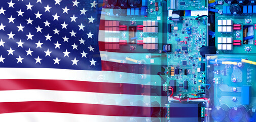 Poster - Computer board made in USA. American made PCB. USA flag. Motherboard. PCB for computer or phone. Microelectronics production in USA. Digital board close up. PCB export to United States