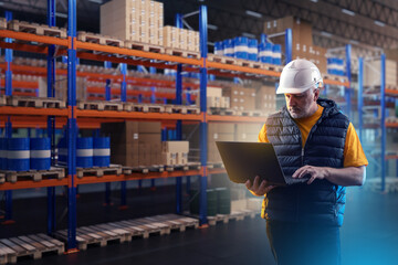Poster - Man manager of logistics warehouse. Businessman with laptop. Storekeeper near warehouse shelves. Businessman owner of logistics center in hardhat. Man warehouse supervisor uses computer