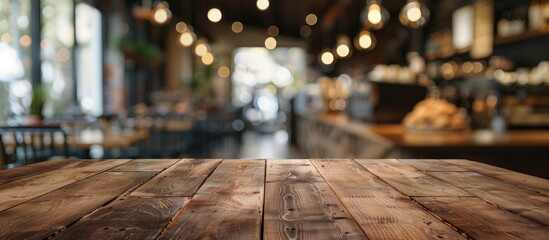 Fototapete - Create your photomontage or display products with a focused shot of an empty brown wooden table against a blurred Coffee shop background with bokeh effects providing copy space.