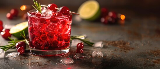 Poster - Cranberry cocktail garnished with ice, berries, lime, and rosemary, creating an enticing copy space image.