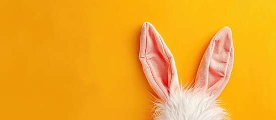 Poster - Easter theme with a bunny ears costume on a yellow background, featuring a simple flat lay design with space for text or images. image with copy space