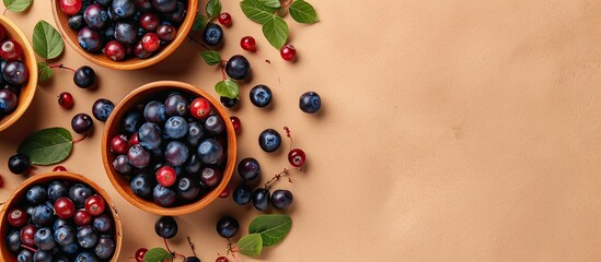 Poster - Beige background featuring fresh acai berries arranged in a flat lay style, with ample copy space image.