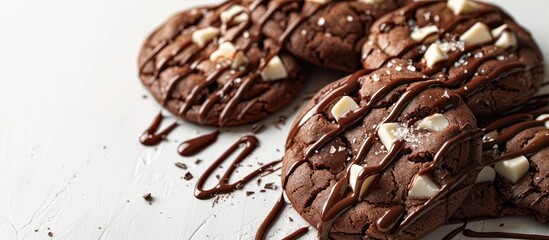 Aufkleber - Chocolate cookies featuring white chocolate chunks drizzled with milk chocolate sauce, against a plain background with space for additional content.