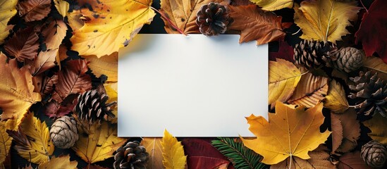 Fall-themed mockup featuring autumnal leaves in yellow and red, pine cones, and a white paper sheet for adding text; ideal for graphic design with copy space image.