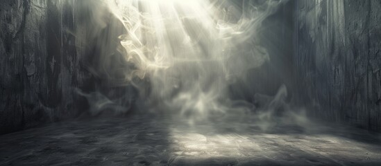 Poster - Empty dark room setting with smoke, rays, and glow on walls, perfect for a copy space image.