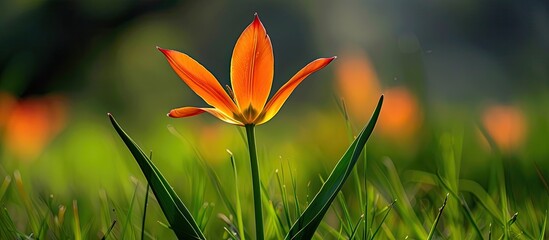 Poster - Close-up of an orange tulip flower in a star shape, set against a blurred green grass backdrop, creating a colorful floral scene for the spring season with copy space image.