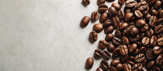 Poster - Close-up shot of a textured pile of roasted coffee beans against a neutral background, perfect for adding text with copy space image suitable for coffee house branding.