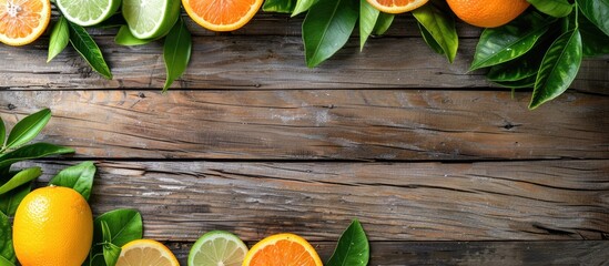 Poster - Citrus fruits with lush green leaves on wood background for copy space image.