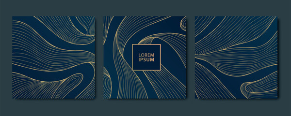 Sticker - Vector set of gold line abstract cards, elegant square banners, premium design frames. Dark business patterns with ribbons.