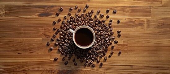 Poster - Coffee beans arranged in a sun shape on wood with a cup in the center, suggesting it's coffee time after sunrise, with copy space image.