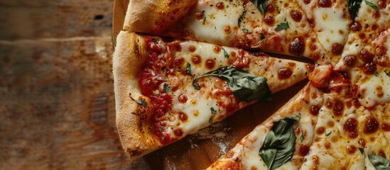 Poster - Close-up of a Pizza Margherita with a missing slice, displaying copy space image.