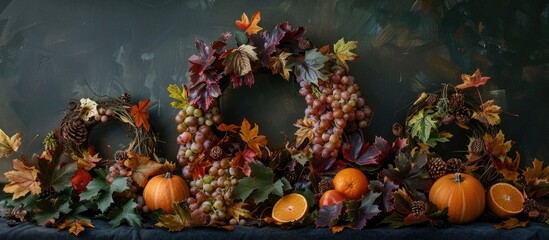 Poster - An autumn-themed still life arrangement featuring wreaths, leaves, and vegetables for a seasonal nature concept with fall fruits and vegetables, ideal for Thanksgiving, with orange leaves, grapes,