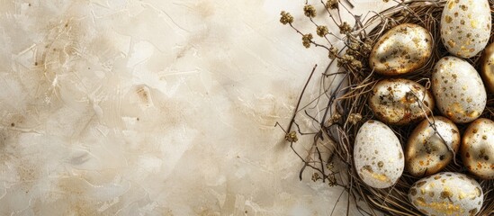 Aufkleber - Easter-themed arrangement featuring golden eggs and nests on a blank card with a copy space image.