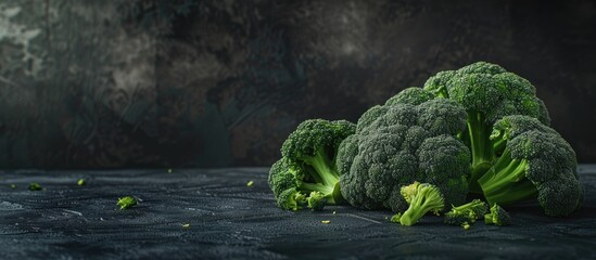 Poster - Broccoli displayed whole and in florets against a dark backdrop, with copy space image.