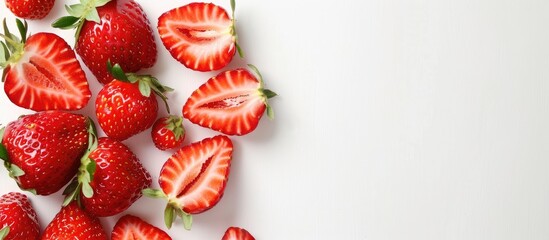 Poster - Close-up image of juicy, fresh strawberries halved on a white background with ample copy space image.