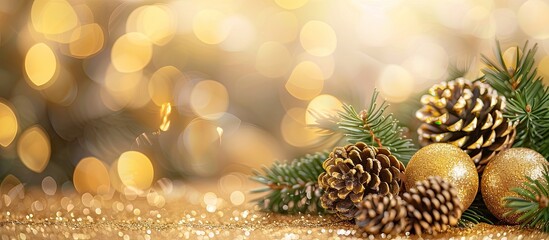 Poster - Christmas tree decorations arranged on a blurred gold background, ideal for a festive setting with copy space image.