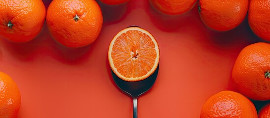 Poster - An orange slice in a spoon surrounded by a bunch of oranges, against a backdrop with ample copy space image.