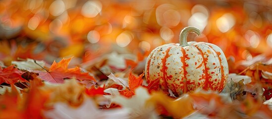 Poster - Colorful autumn setting with selective focus on orange and white pumpkin surrounded by vibrant maple leaves. Bokeh background provides copy space image.