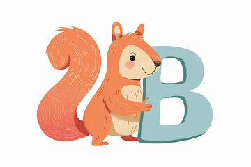 Wall Mural - Illustration of cute squirrel character holding alphabet letter B and standing isolated on white background, creative kids font for school, preschool or kindergarten
