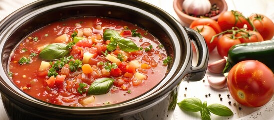 Poster - An image of gazpacho soup in a crock pot with ingredients, isolated on a white background, offering space for text or graphics. image with copy space