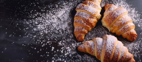 Poster - Delicious croissants sprinkled with powdered sugar on a copy space image.