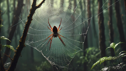 a large spider weaves a web forest background
