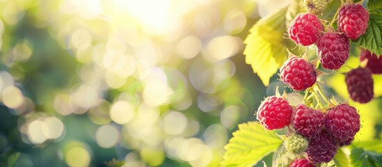 Poster - Close-up of ripe, juicy raspberries on a garden fruit bush against a beautiful natural rural background, symbolizing healthy food with vitamins. Copy space image included.