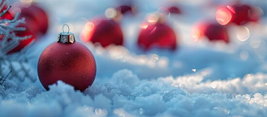 Poster - Close-up of Christmas balls on snow creating a festive background with ample copy space image.