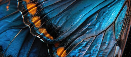 Poster - Close-up image of Ulysses butterfly wings with a unique texture creating a background suitable for copy space with a selective focus.