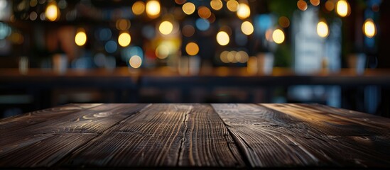 Poster - Empty dark wooden table with an abstract blurred bokeh restaurant background ideal for displaying or arranging products with available copy space image.