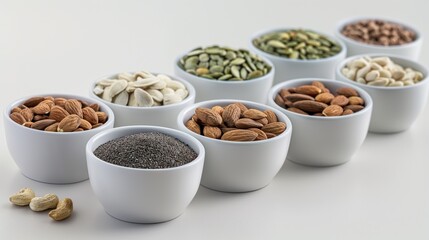 A row of white bowls filled with various nuts and seeds, including almonds, pumpkin seeds, and poppy seeds, sits on a white tabletop