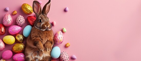 Aufkleber - Colorful background with chocolate Easter eggs and a bunny, providing empty space for image. image with copy space