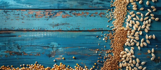 Poster - Assorted grains on blue wooden backdrop, top view with copy space image.