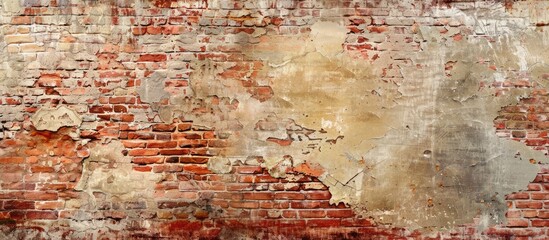 Poster - An aged, empty brick wall with a distressed, grungy red stonewall background offers a shabby building facade with damaged plaster, perfect for an abstract web banner with copy space image.