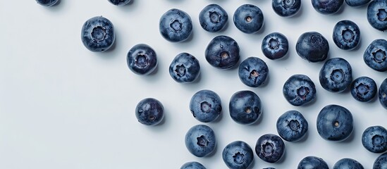 Poster - Blueberries arranged on a white surface with room for text; view from above. image with copy space