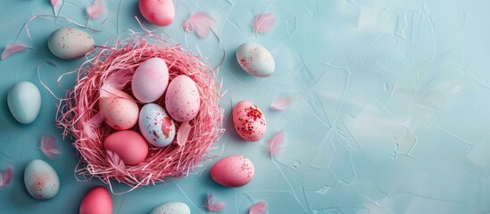 Aufkleber - Colorful Easter eggs arranged in a pink nest on a soft pastel blue background in a close-up copy space image.