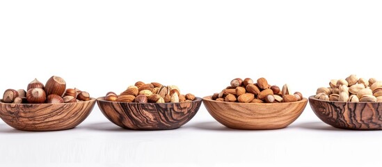 Poster - Assortment of nuts on wood dishes against white backdrop with room for copy space image.