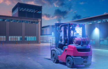 Poster - Forklift near warehouse hangars. Loading machine in industrial area. Forklift on territory of evening warehouse. Car for loader. Forklift for unloading machine with pallets. Selective focus