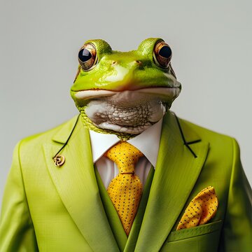 Smiling Frog Businessman in a Bright Green Suit on Transparent Background