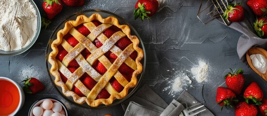 Aufkleber - An overhead view of the American-style strawberry pie being prepared on a concrete background, with ingredients, illustrating the concept of baking. Featuring copy space image.