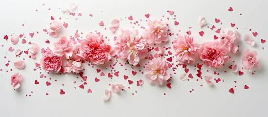 Poster - Elegant postcard perfect for Valentine's Day or weddings featuring pink flowers and scattered hearts on a white backdrop, ideal for a copy space image.