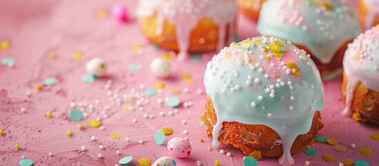 Poster - Close-up of Aqua Menthe-painted Easter cakes with confetti, icing crumbs on a pink background, on a black surface. Morning baking scene with an Easter card and copy space image.