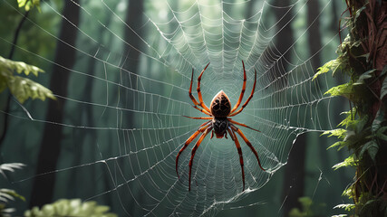 A LARGE SPIDER WEAVES A WEB FOREST BACKGROUND