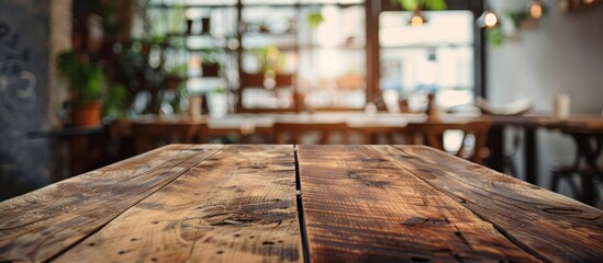 Fototapete - Blurry background of a cafe or restaurant behind an empty brown wooden table with a sharp focus; perfect for your product display or photo editing with copy space image.