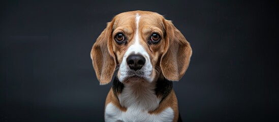Poster - Beagle dog with expressive gaze in a studio setup against a black backdrop, ideal for a headshot portrait with a chic presentation for a copy space image.