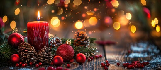 Poster - Festive Christmas decorations include a candle, xmas toys, and a New Year and Christmas background in a copy space image.